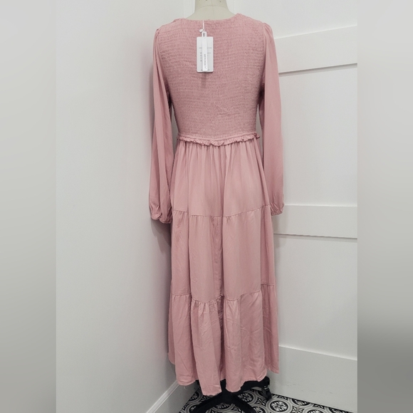 MEROKEETY Women's Long Sleeve Smocked V-neck High Waist Ruffle Tier Midi Dress - Picture 5 of 15